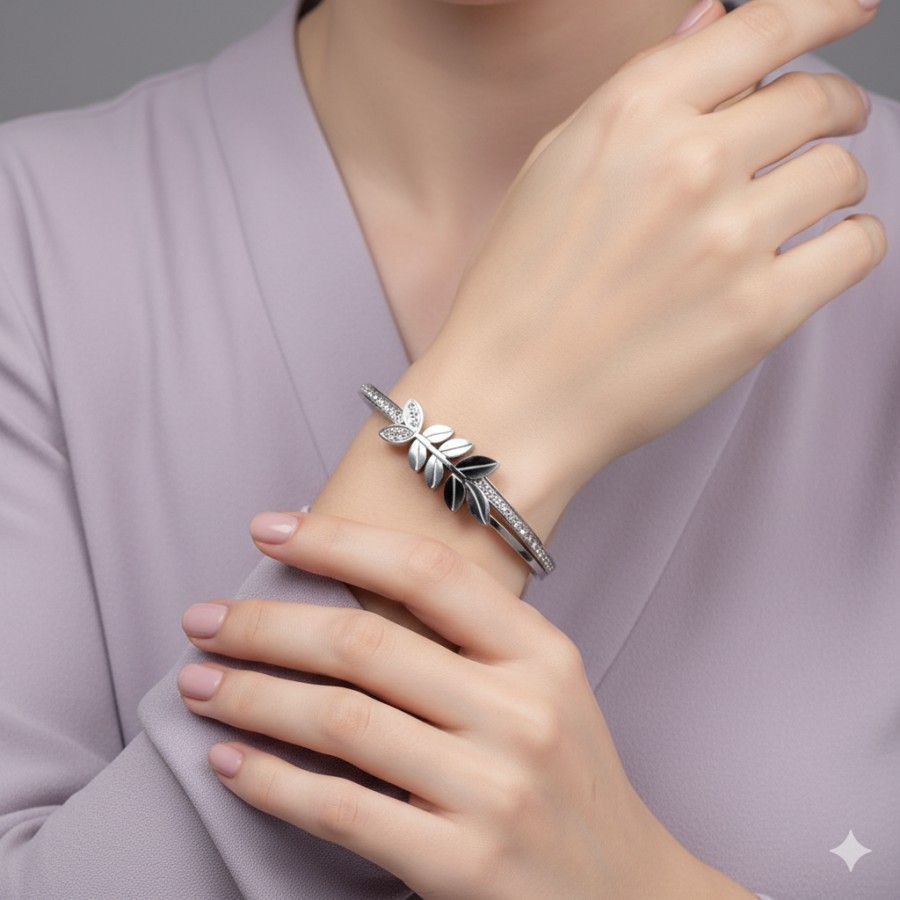 Bracciale Rigid Foglie | Acciaio Inossidabile | Apri & Chiudi a Molla - immagine 2